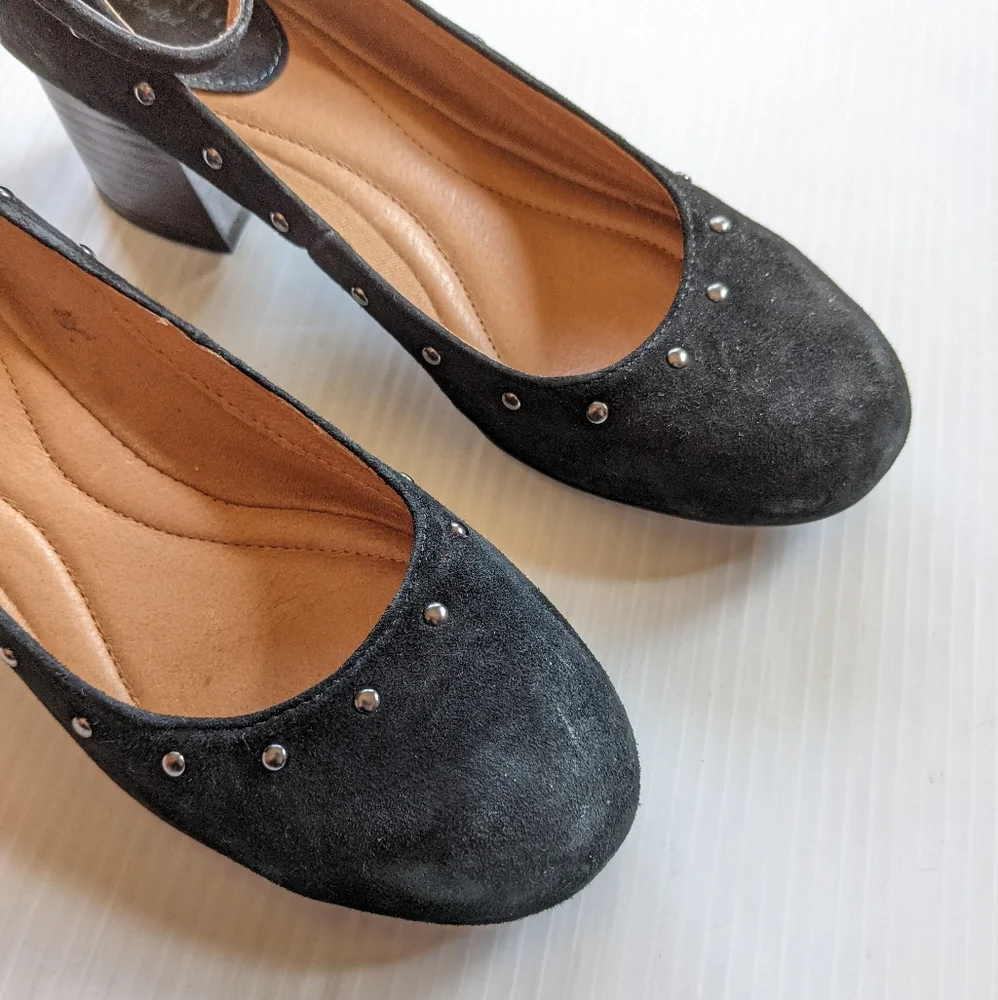 MONTANA Carg Silver Studded Black Suede Ankle Strap Block Heel Pumps size 7